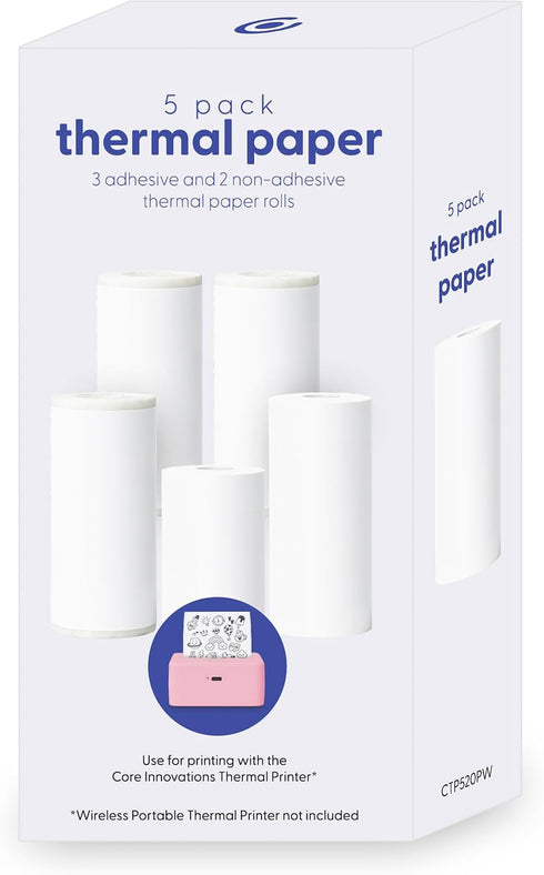 Core Innovations Mini Thermal Printer Paper 5 Rolls (3 Self-adhesive Sticker + 2 Thermal