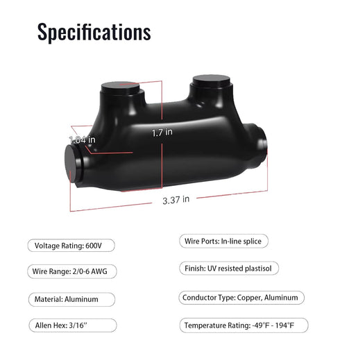 5 Pcs Insulated In-line Splice Connector Wire Connectors Multi Cable Connector, 2 Ports 2/0-6AWG Wire Range Pre-Filled