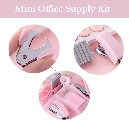 Mini Office Supply Kit Portable Case with Scissors, Mini Stapler, Tape Dispenser, Hole Puncher, Staples