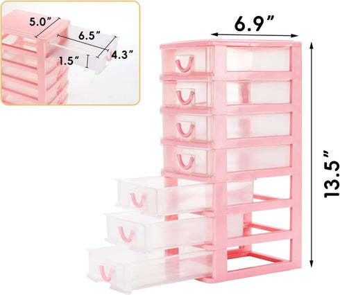 Rempry Mini Plastic Organizer with 7 Clear Drawers, Small Storage Drawers Containers for Desk, Counters, Cabinets, Pink