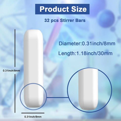ONiLAB 32PCS Magnetic Stirrer Mixer Stir Bars, 8 * 30mm, White Color, Laboratory Magnetic Stir Bar Set