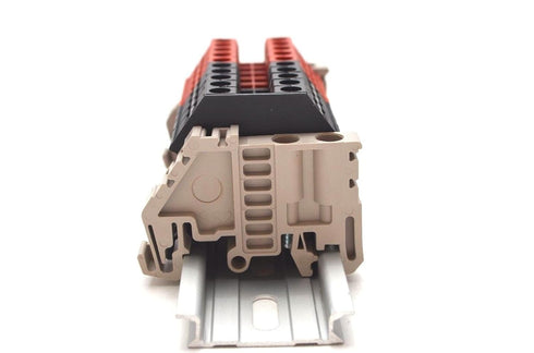 Dinkle Assembly DK4N Red/Black 10 Gang DIN Rail Terminal Blocks - 10-22 AWG, 30 Amp, 600 Volt