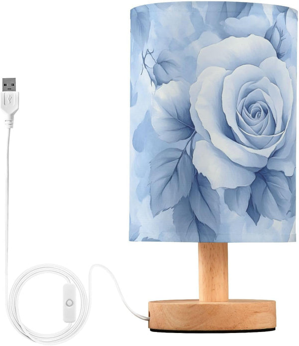 Bedside Table Lamp, Blue Flower Pattern Blue Leaves Small LED DeskLight USB