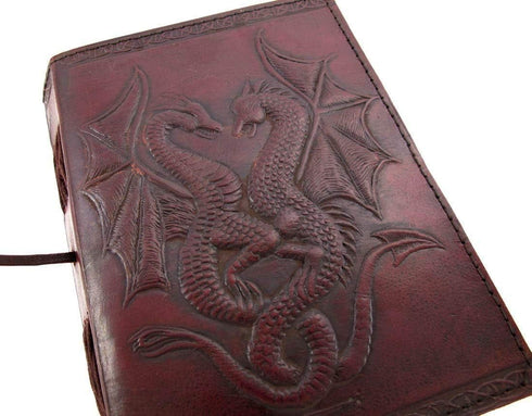 AzureGreen DOUBLE DRAGON Blank Page BOOK Handcrafted Leather Writing Unlined 5 x 7 JOURNAL (MEDIUM, Large Brown 8"x6") by AzureGreen