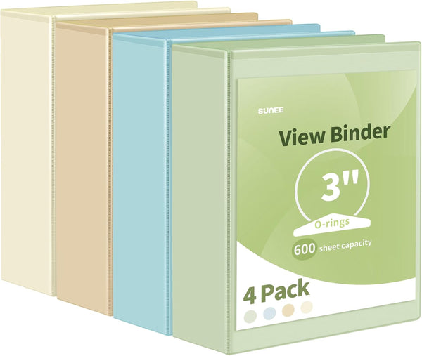 SUNEE 3 Ring Binder 3 Inch, 4 Pack Clear View PVC-Free Binder for School or Office Supplies, Neutral Aesthetic
