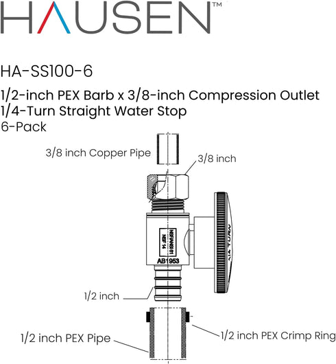 1/2 in. Chrome-Plated Brass PEX Barb x 3/8 in. Compression Quarter-Turn Straight Stop Valve Jar (6-Pack)
