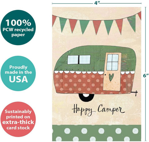 Tree-Free Greetings Happy Camper All Occasion Cards, 12 Greeting Cards + Envelopes, 4 x 6, 100% Recycled Paper, Made in