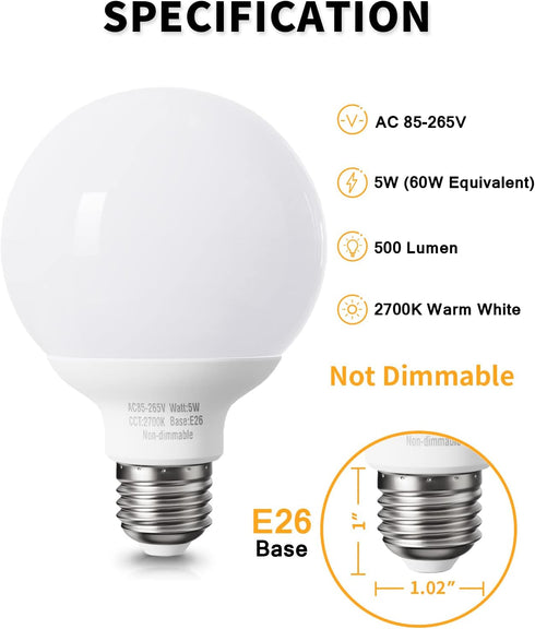 4 Pack Warm White LED Globe Light Bulbs for Bathroom, 120V 60 Watt Eqv., E26 Medium Base, Not Dimmable Vanity Light Bulbs Round, 2700K G25 LED Bulb Over Mirror by Pazetiv