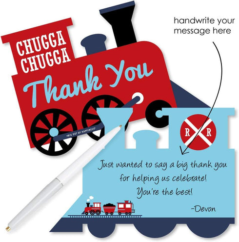 Set 12 Big Dot of Happiness Railroad Party Crossing - Shaped Cards - Steam Train Birthday or Baby Shower Thank You Note