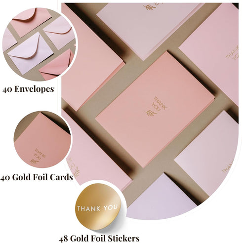Pack 40, 5x3.5 Inch Gold Foil Thank You Cards - Bulk of with Matching Stickers & Envelopes (Pink) Textured Surface