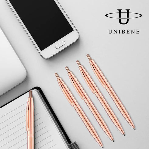 Unibene 6 Pack Rose Gold Ballpoint Pens, 1.0mm Medium Point Black Ink with 6 Stainless Steel Refills