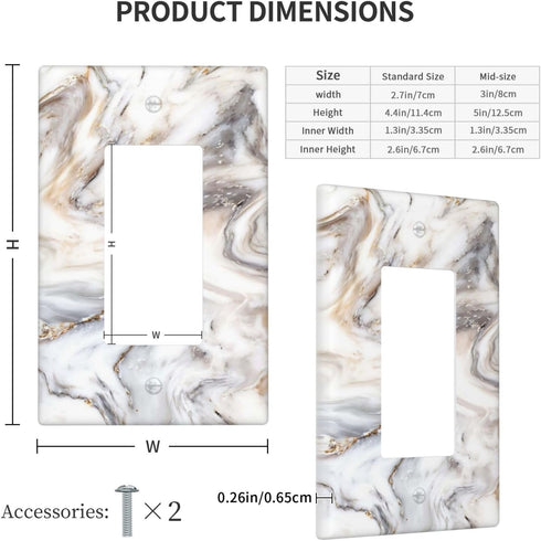 White Gold Marble Pattern Single Rocker Light Switch Plate, 1 Gang Cover Plate 2.7" X 4.4" for Home Decor