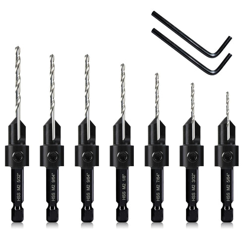 7-Piece Countersink Drill Bit Set, M2 Woodworking Bits for #4, 6, 8, 10, 12, 14 Screws with Hex Shank