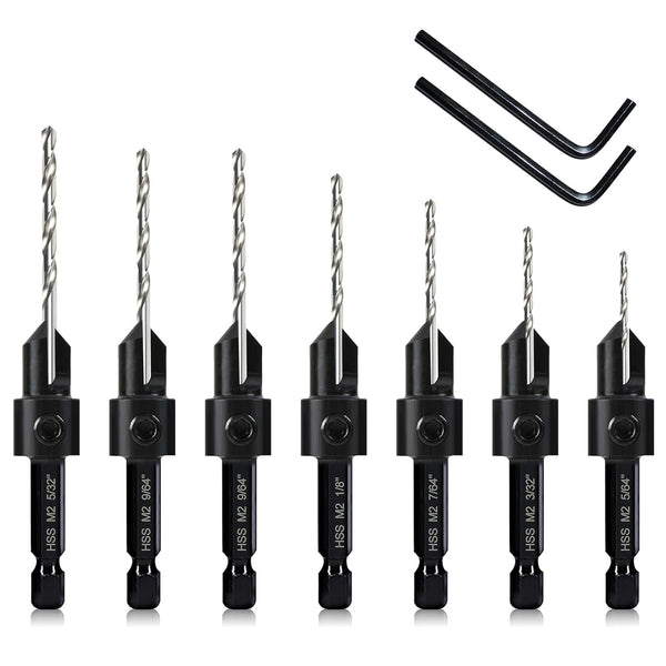 7-Piece Countersink Drill Bit Set, M2 Woodworking Bits for #4, 6, 8, 10, 12, 14 Screws with Hex Shank