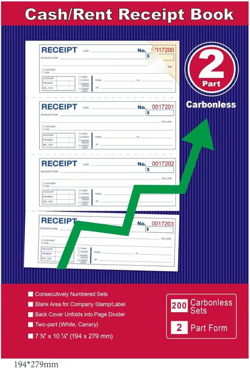 Gimehome 2-Part 7-5/8" 11" 200 Sets 4 Page(1pack) Money and Rent Receipt Book Carbonless x Spiral Bound per Book