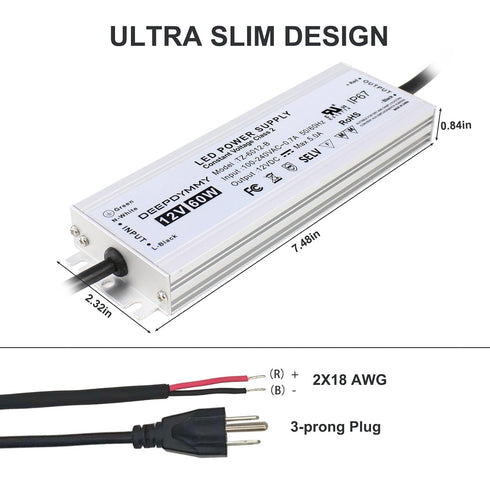 DEEPDYMMY 12V 60W 3-Prong 3.3ft IP67 DC Power Supply - Ultra Slim LED Driver Low Voltage Transformer with Plug & Cable