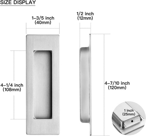 Ravinte 1 Pack Brushed Nickel Sliding Closet Door Handles, Silver Flush Pulls 4.72in Length for Sliding Barn Door