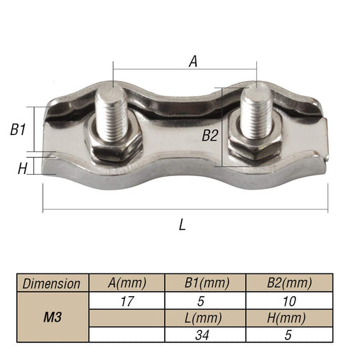 1/8 Inch M3 Stainless Steel Duplex 2-Post Cable Clamp, Wire Rope Clip Cable Clamp, Pack of 14