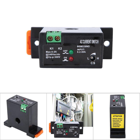 Garosa Adjustable Current Sensing Switch 0.2 to 30A AC with LED Indicator for Guide Rail 35mm DIN