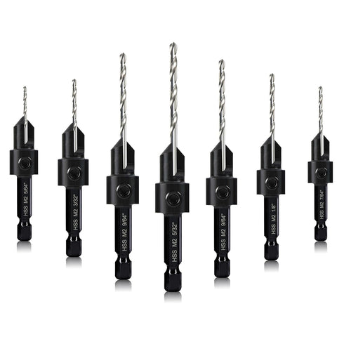 Countersink Drill Bit Set, 7-Piece Woodworking M2 Countersink Drill Bits for #4, 6, 8, 10, 12, 14 Screws, 82-Degree Chamfer, Hex Shank, 2 Allen Wrenches, HSS Drill Bits Detachable Depth Adjustable