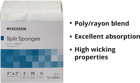McKesson Split Sponges - 6-Ply Sterile I.V. and Tracheostomy Dressings, 2 in x 2 in, 2 per Pack