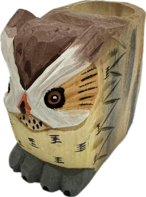 TANG SONG Creative Wood Carving Owl Pen and Pencil Holder, Office Desk Supplies Organizer
