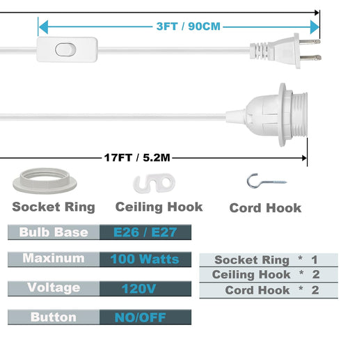BigiWoon 20Ft Bulb E26 E27, 1 Pack Plug in Pendant Light Cord Kit - UL Lamp Cord with On/Off Switch and Socket White