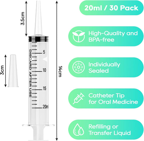 JOLLY PARTY 30 Pack 20mL Syringes, Plastic Syringes with Catheter Tip and Cap, Individually Sealed Feeding Syringe For Dogs, Measuring Syringe For Liquid, Scientific Labs, Refilling, Dispensing