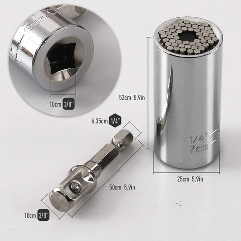 Universal Socket Wrench, Self-adjusting Socket Fits 1/4''-3/4'' (7-19mm) with Ratchet Wrench Adapter, 2Pcs Extension