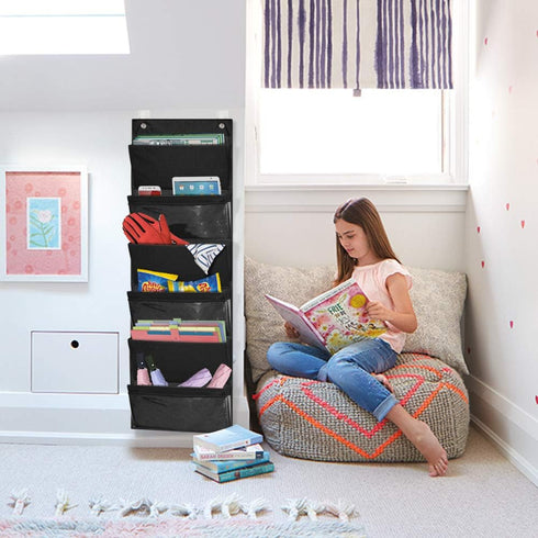 ZKOO Fabric Office Supplies Storage Organizer - Wall Mount/Over The Door Hanging File Folder with 6 Pockets & 2 Hangers