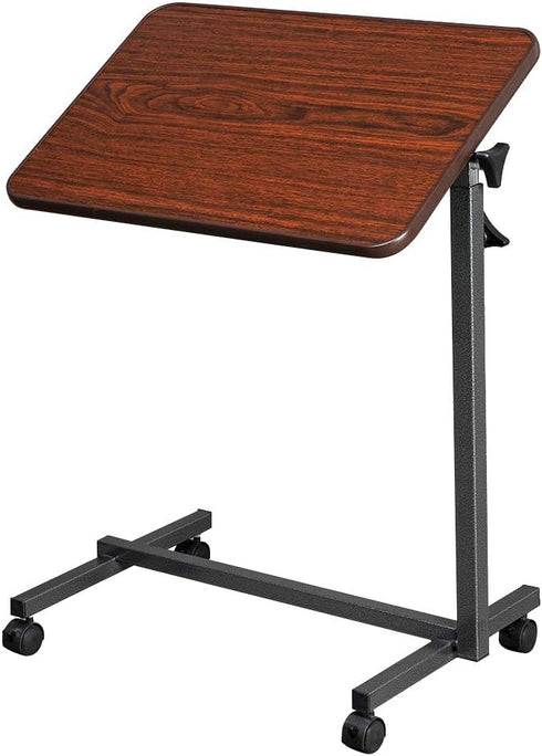 Tilting Bedside Table with Wheels & Brake - Adjustable for Hospital and Home Use, Dark Wood Grain