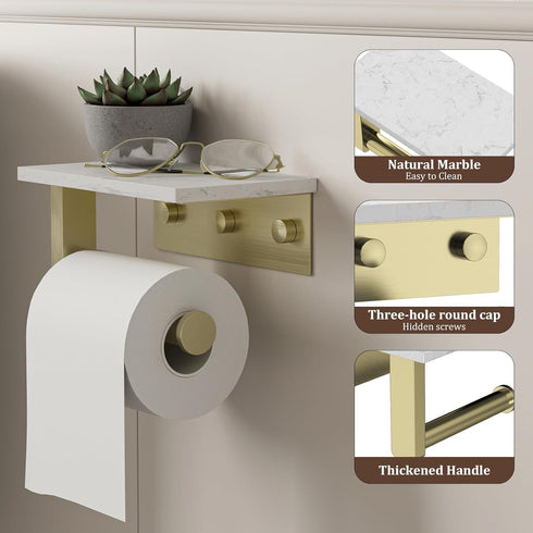 304 BWE Brushed Gold Toilet Paper Holder with Marble Shelf, Toilet Paper Roll Holder Wall Mounted, Toilet Paper Roll