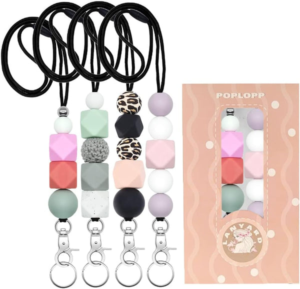 POPLOPP 4PCS Cute Lanyards for ID Badges and Keys for Women, Silicone Beaded Breakaway Lanyard with Keychain for Office