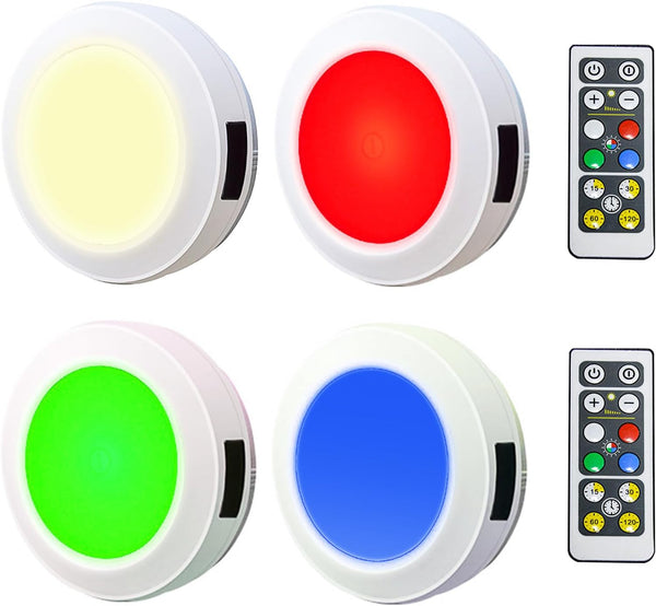 HONWELL Push Light Colored Puck Lights, Remote Controlled Battery Operated RGB Fairy Lights, Wireless Touch Lights,