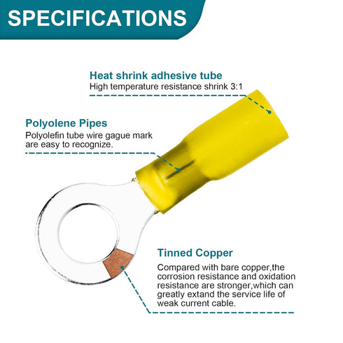 50 PCS Heat Shrink Wire Connectors, 12-10 AWG Ring Terminals Waterproof, 3/8" Stud(M10) Wire Terminals for Marine