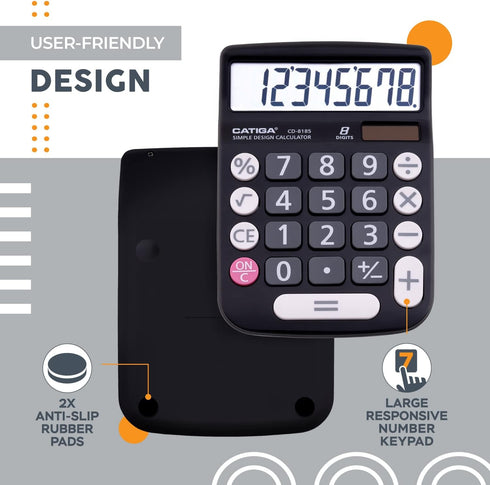CATIGA 8 Digit Desktop Calculator with Solar Power, Easy to Read LCD Display, for Home, Office, School, Black