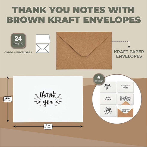 Generic Set, (Pack 24) Thank You Notes with Brown Kraft Envelopes, Thank You Cards Blank Inside, Handwritten Style