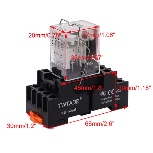 TWTADE/DC 12V Relay 5A Electromagnetic Power Coil Relay, 14 Pins with Indicator Light & Socket Base