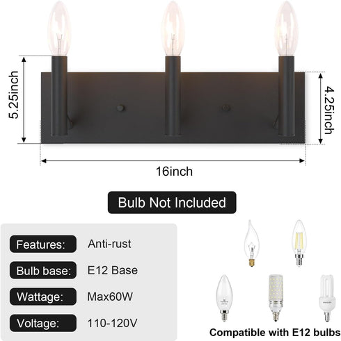 3-Lights E12 Base(Bulbs Kalium Bathroom Light Vanity Fixtures Over Mirror, Modern Matte Black Wall Sconces, Minimalist