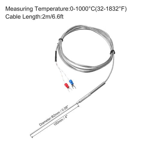 MECCANIXITY K Type Thermocouple Temperature Sensor Probe 2x100mm 6.6ft Wire Stainless Steel 0 to 1000°C (32 to 1832°F)