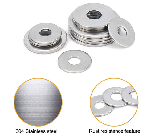 SAE 304-Stainless Steel Flat Washers Assortment Kit: 1/4" to 1/2" Sizes