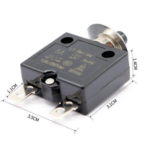5Pcs 25A Push Button L1 Series Manual Reset Thermal Circuit Breaker, 125-250V AC, 50V DC
