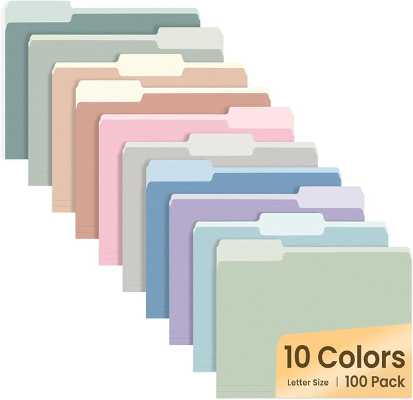 SUNEE File Folders, Letter Size, 10 Pastel Colors, 100 Pack Manila Folders, 1/3-Cut Tabs for Documents
