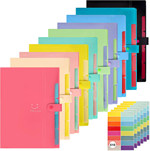 EOOUT 10pcs Expanding File Folders, A4 Letter Size Plastic Accordion Document Organizer with Snap Button, 160 Stickers