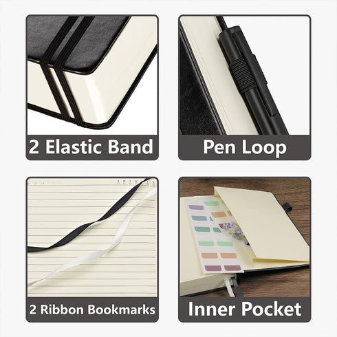 Lined Journal Notebook, A5, 400 Pages, Black Hardcover Leather Notebook, 100Gsm College Ruled Paper for Writing