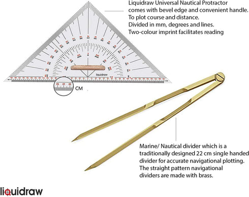 Set 6 Set 8" Liquidraw Marine Navigation of | Universal Nautical Protractor Squares with Solid Brass Divider, Pencil