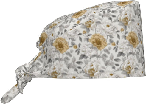 Scrub Cap for Women and Men Boho Black Leaf Pattern Adjustable Breathable