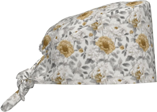Scrub Cap for Women and Men Boho Black Leaf Pattern Adjustable Breathable