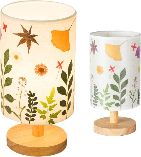 5W 3Color Pressed Flowers Table Lamp LED Temperatures Dried Flower Bedside Lamp Linen Shade with Wood Base for Bedroom