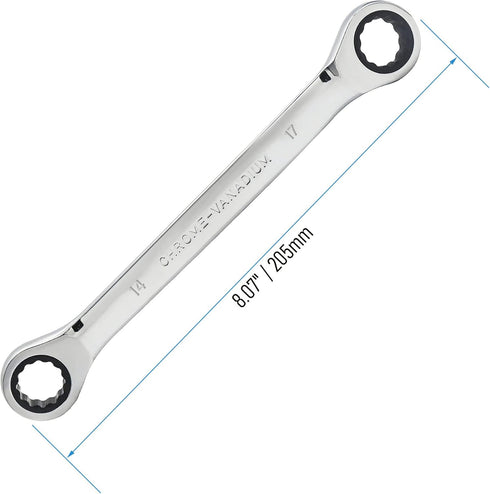Double Box End Ratcheting Wrench 14mm x 17mm Metric 72 Teeth 12 Point Ratchet Gear Spanner Tools, Heat-Treated CR-V